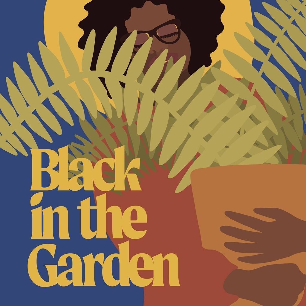 Animated cover of person holding a potted plant. The lettering reads “Black in the Garden”.